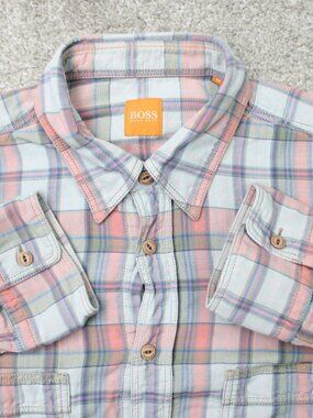 BOSS Hugo Boss Orange Shirt Mens Medium Pink/Green CalifoE_1 Cotton Long Sleeve